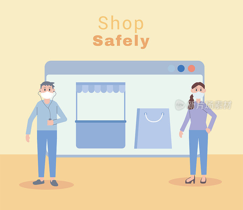 young couple wearing face masks shop safely characters
